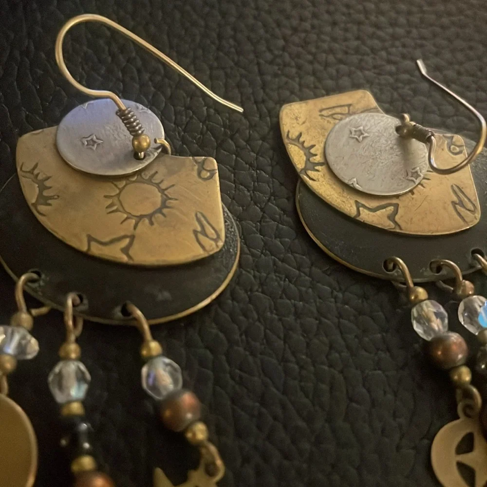 Vintage handmade stamped brass celestial style dangle drop earrings
